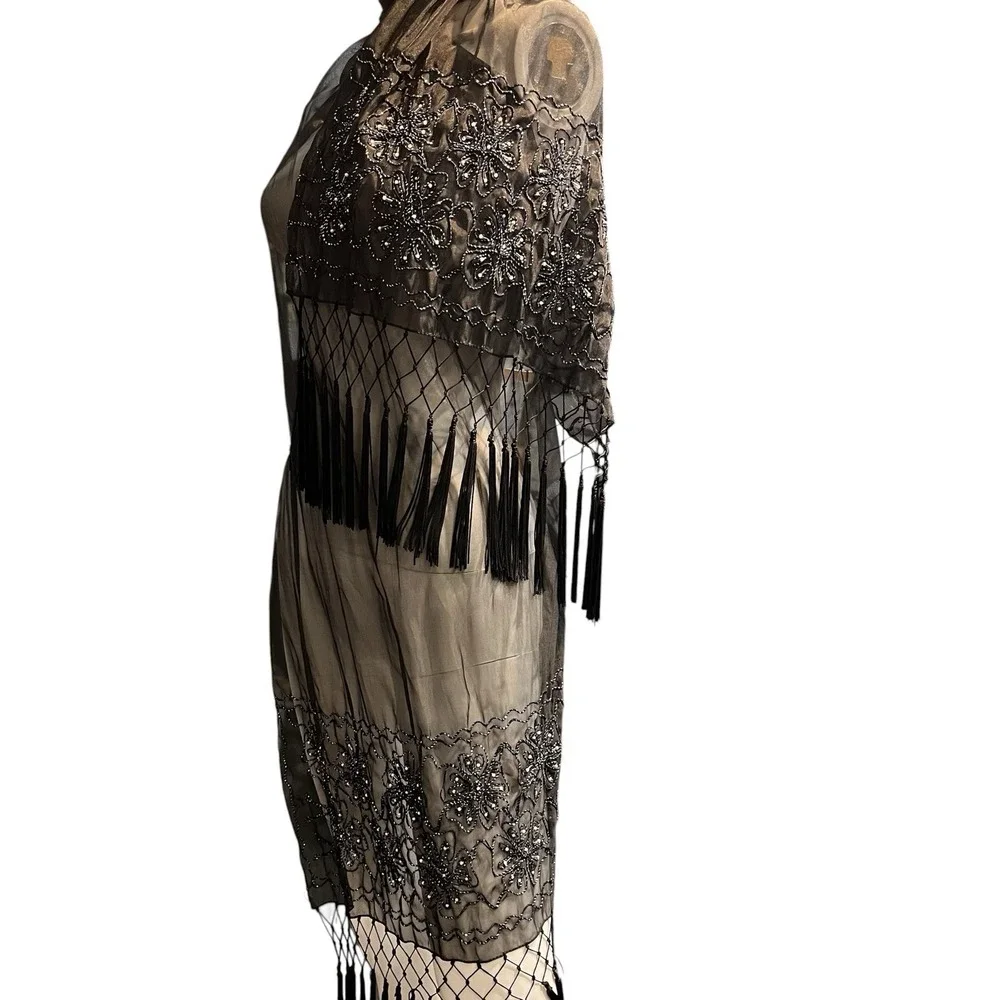 Cejon Scarf Wrap Shawl Sheer Black Chiffon Beaded Embroidered Fringe Whimsigoth